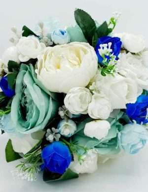 Set 2 lumanari cununie + buchet mireasa, cu flori de matase, bleu – FEIS303006