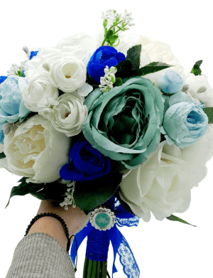 Buchet mireasa din flori de matase, nuante de albastru – FEIS303005