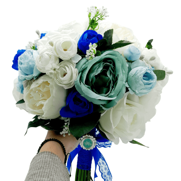 Buchet mireasa din flori de matase nuante de albastru FEIS303005 2