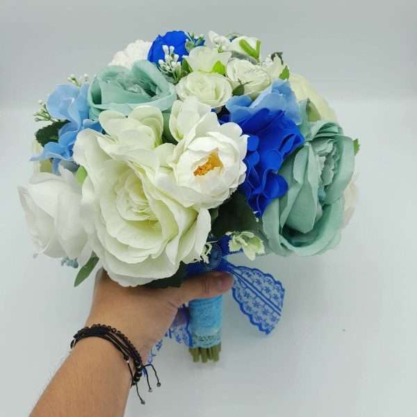 Buchet mireasa din flori de matase nuante de albastru FEIS303005 5