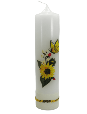 Lumanare botez pictata manual, model deosebit, cu floarea-soarelui – ILIF303093