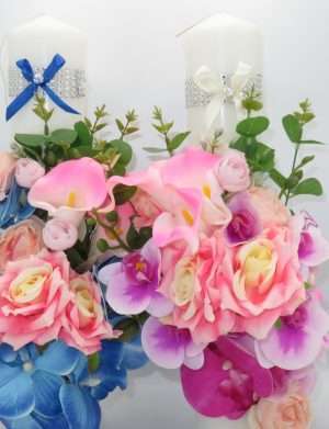 Lumanare cununie decorata cu orhidee si cale, roz-mov-albastru – ILIF303054