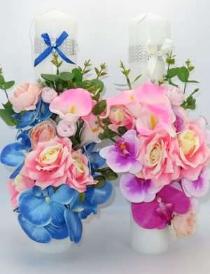 Lumanare cununie decorata cu orhidee si cale, roz-mov-albastru – ILIF303054
