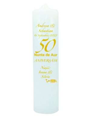 Lumanare nunta de Aur aniversare 50 ani, personalizata, pentru a fi decorata cu flori naturale – ILIF303013