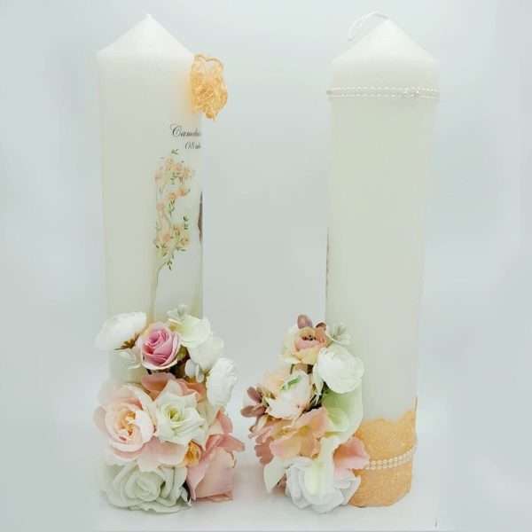 Lumanare nunta personalizata cu flori de matase piersiciuroz somon FEIS303011 1