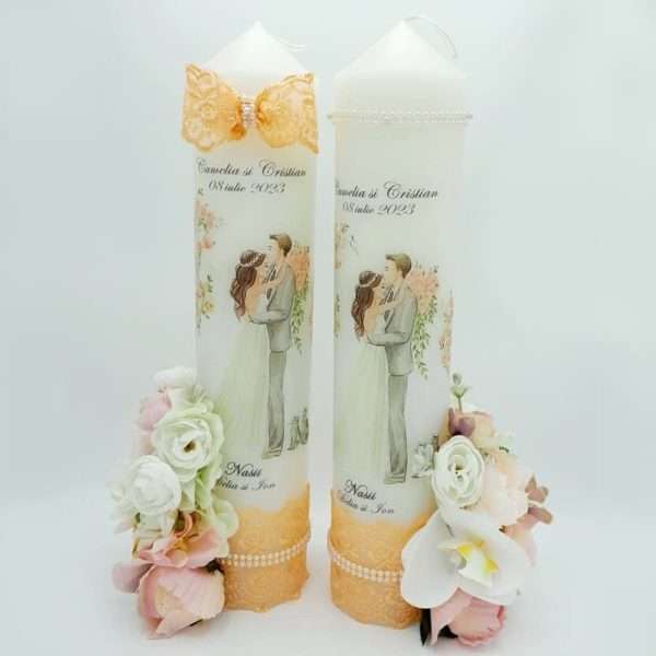 Lumanare nunta personalizata cu flori de matase piersiciuroz somon FEIS303011 2