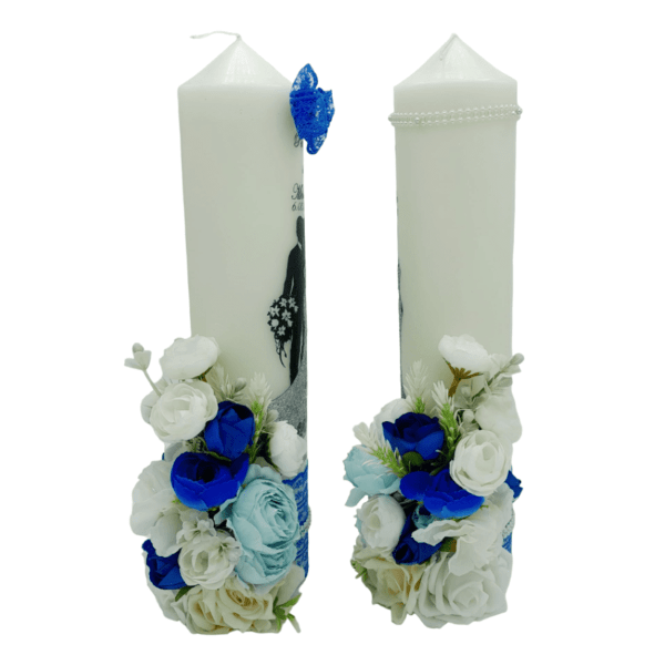 Lumanare nunta personalizata cu flori de matase tematica bleu FEIS303004 1 1