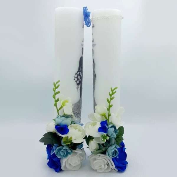 Lumanare nunta personalizata cu flori de matase tematica bleu FEIS303004 1