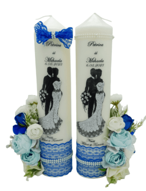 Lumanare nunta personalizata, cu flori de matase, tematica bleu – FEIS303004