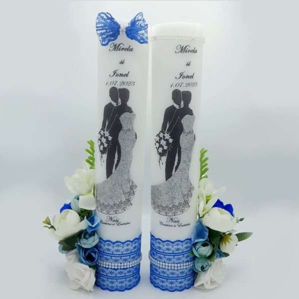 Lumanare nunta personalizata cu flori de matase tematica bleu FEIS303004 2