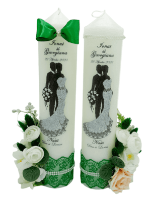 Lumanare nunta personalizata cu flori de matase tematica verde FEIS303010
