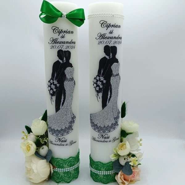 Lumanare nunta personalizata, cu flori de matase, tematica verde FEIS303010 (1)
