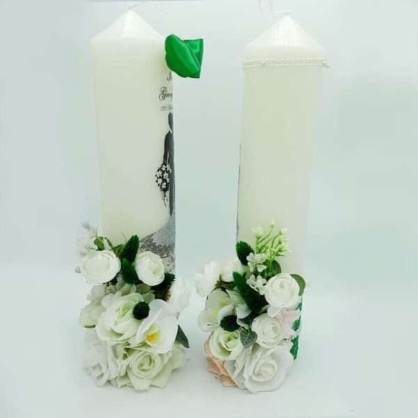 Lumanare nunta personalizata cu flori de matase tematica verde FEIS303010 1