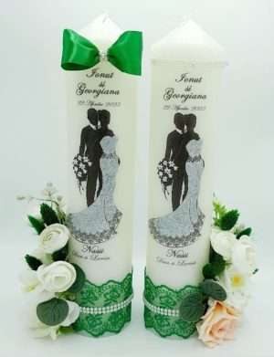 Lumanare nunta personalizata, cu flori de matase, tematica verde – FEIS303010