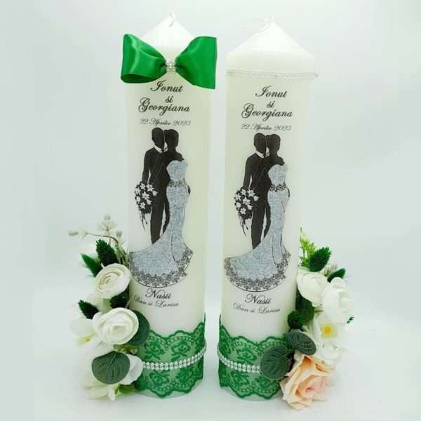 Lumanare nunta personalizata cu flori de matase tematica verde FEIS303010 2