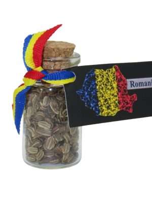 Marturie sticluta nunta sau botez, dop de pluta, seminte leustean, diam. 4x2cm, Romania, AMB303001