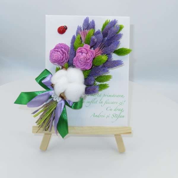 Mini tablou cu stativ decorat cu flori uscate si mesaj mov verde ILIF303053 4