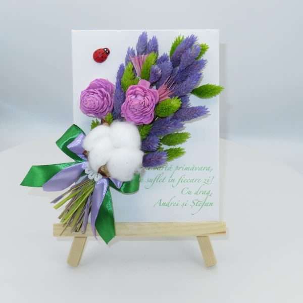 Mini tablou cu stativ decorat cu flori uscate si mesaj mov verde ILIF303053 5