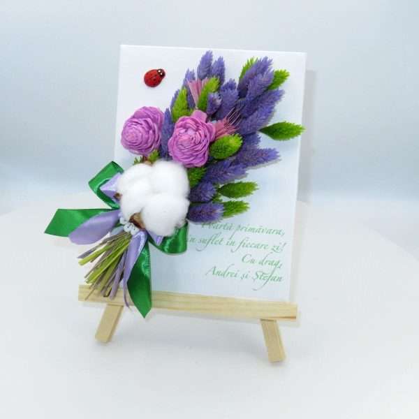 Mini tablou cu stativ decorat cu flori uscate si mesaj mov verde ILIF303053 6