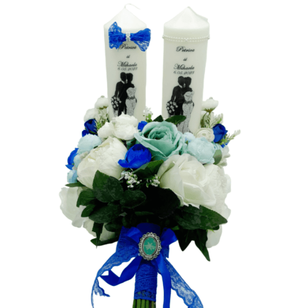 Set 2 lumanari cununie buchet mireasa cu flori de matase bleu FEIS303006 1