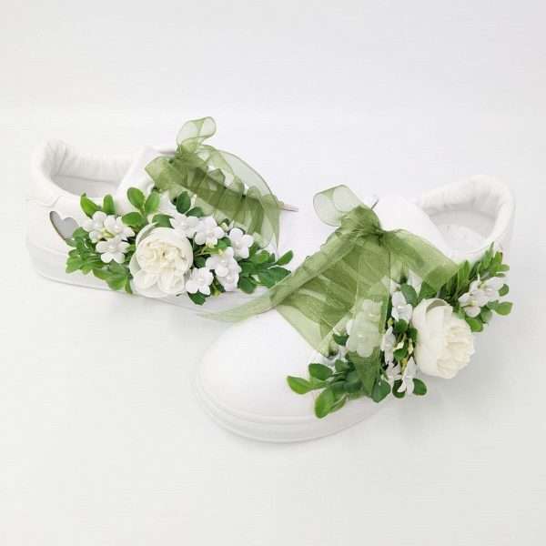 Tenisi pentru mireasa cu panglica si flori alb verde DSPH303005 2