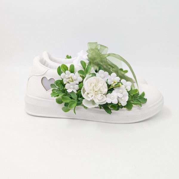 Tenisi pentru mireasa cu panglica si flori alb verde DSPH303005 4