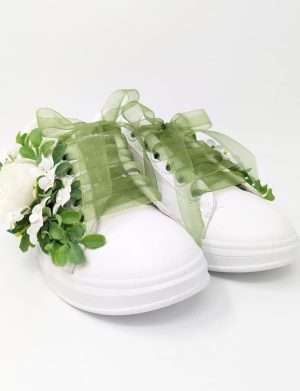 Tenisi pentru mireasa cu panglica si flori, alb-verde – DSPH303005