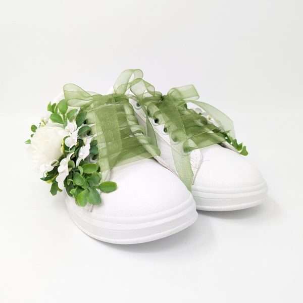Tenisi pentru mireasa cu panglica si flori alb verde DSPH303005 5