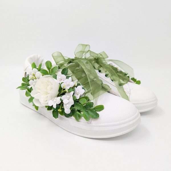 Tenisi pentru mireasa cu panglica si flori alb verde DSPH303005 6