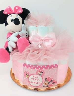 Tort scutece cu 1 etaj, mascota Minnie si mesaj personalizat – DSPH303002