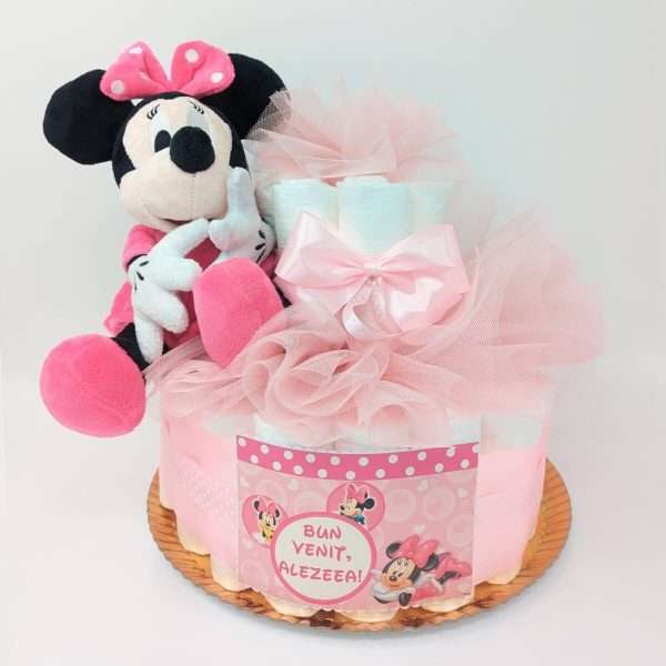 Tort scutece cu 1 etaj mascota Minnie si mesaj personalizat DSPH303002 1
