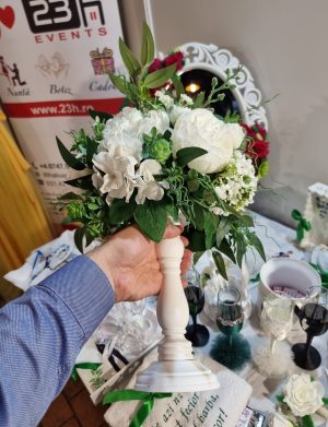 Aranjament buchet floral masă, decor nuntă cu flori de mătase, alb-verde – DSPH304001