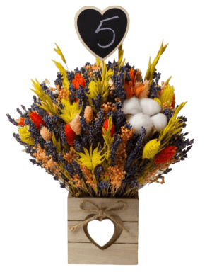 Aranjament buchet floral cu număr masă, din flori uscate multicolore, bumbac și lavandă – AMB304003