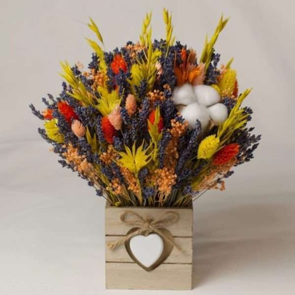 Aranjament floral cu numar masa din flori uscate multicolore bumbac si lavanda AMB304003 3