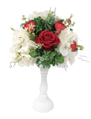 Aranjament buchet floral masă, decor nuntă cu flori de mătase, alb-rosu – DSPH304005