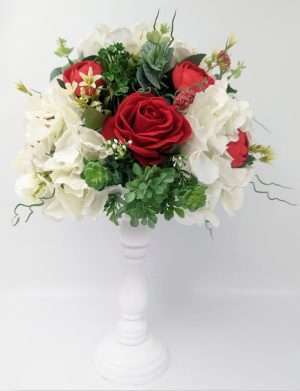 Aranjament buchet floral masă, decor nuntă cu flori de mătase, alb-rosu – DSPH304005