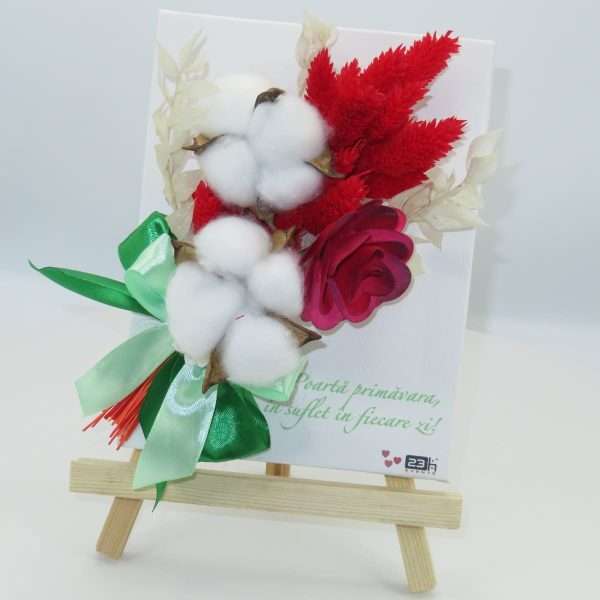 Mini tablou cu stativ decorat cu flori uscate si mesaj rosu alb ILIF304011 4