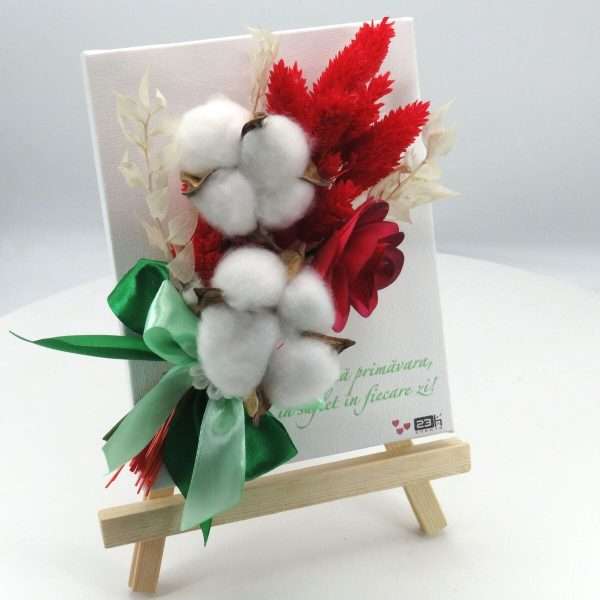 Mini tablou cu stativ decorat cu flori uscate si mesaj rosu alb ILIF304011 6