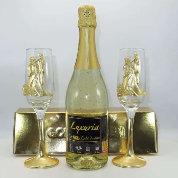 Set Vin Spumant Luxuria cu foita de aur 23k 2 pahare aurii cu siluete 3D ILIF304001 2