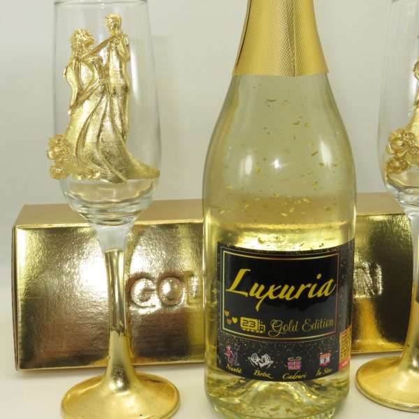Set Vin Spumant Luxuria cu foita de aur 23k 2 pahare aurii cu siluete 3D ILIF304001 3