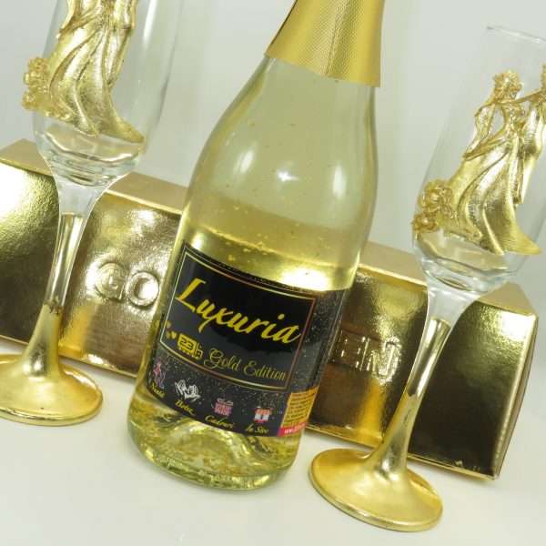 Set Vin Spumant Luxuria cu foita de aur 23k 2 pahare aurii cu siluete 3D ILIF304001 5