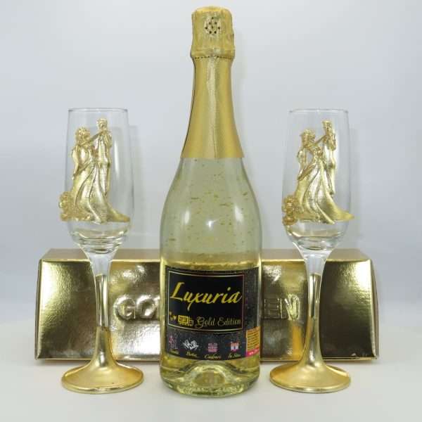 Set Vin Spumant Luxuria cu foita de aur 23k 2 pahare aurii cu siluete 3D ILIF304001 6