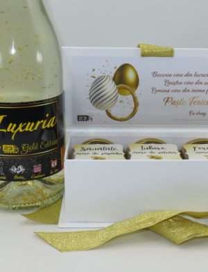 Set Vin Spumant Luxuria cu foita de aur 23k, set borcanase cu miere, Sanatate, Iubire, Fericire, ILIF304003