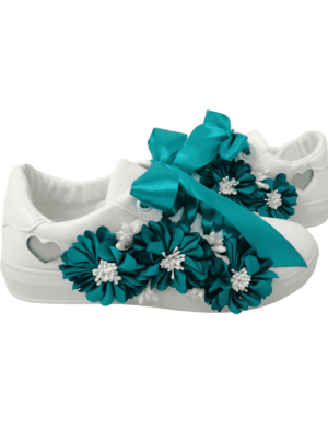 Tenisi pentru mireasa cu panglica si flori, albastru turcoaz – DSPH304002