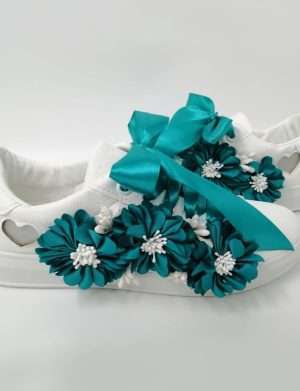 Tenisi pentru mireasa cu panglica si flori, albastru turcoaz – DSPH304002