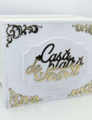 Cutie dar nunta, placaj lemn, Casa de Piatra, model auriu, 27x20x21cm – ILIF305008