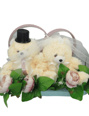 Decor masina pentru nunta verighete decorate cu ursuleti verde roz pudrat ILIF305058 1