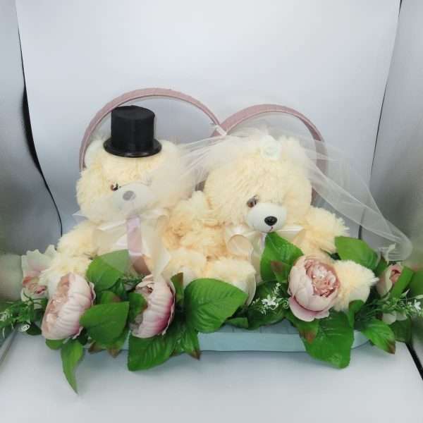 Decor masina pentru nunta verighete decorate cu ursuleti verde roz pudrat ILIF305058 2