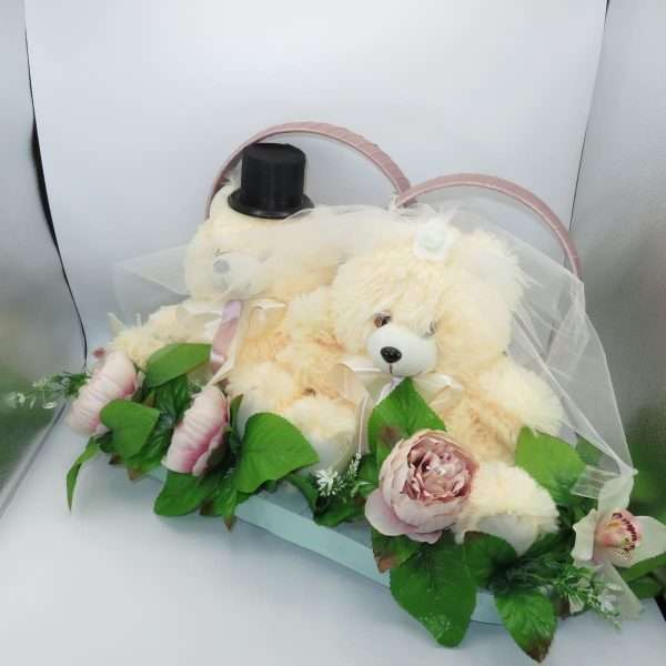 Decor masina pentru nunta verighete decorate cu ursuleti verde roz pudrat ILIF305058 3