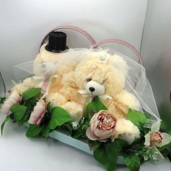 Decor masina pentru nunta verighete decorate cu ursuleti verde roz pudrat ILIF305058 4